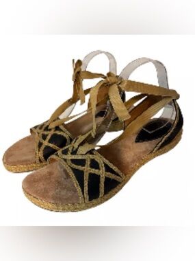 Clarks Artisan Collection Black Leather/ Jute Ankle Lace Wedge Sandals  Sz 7.5